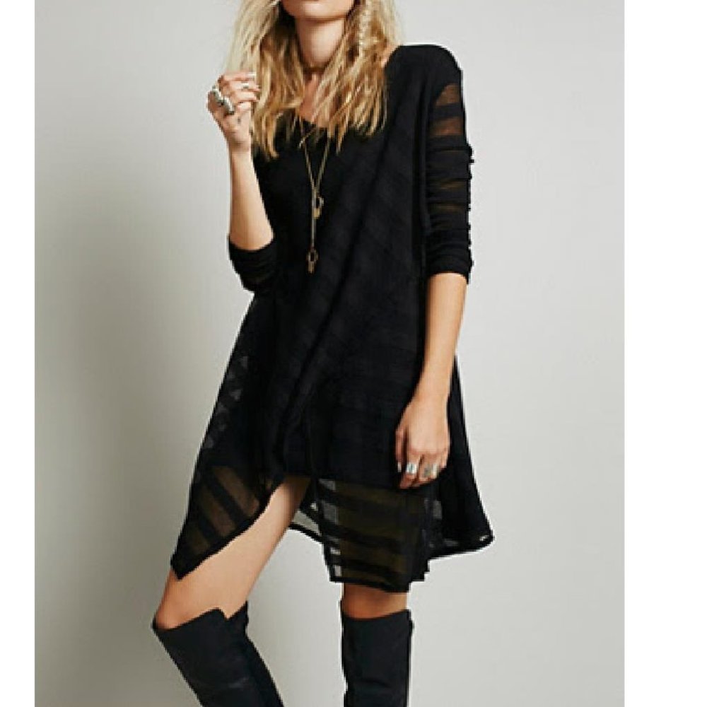 Free People Crochet Sheer Long Black Pullover Size